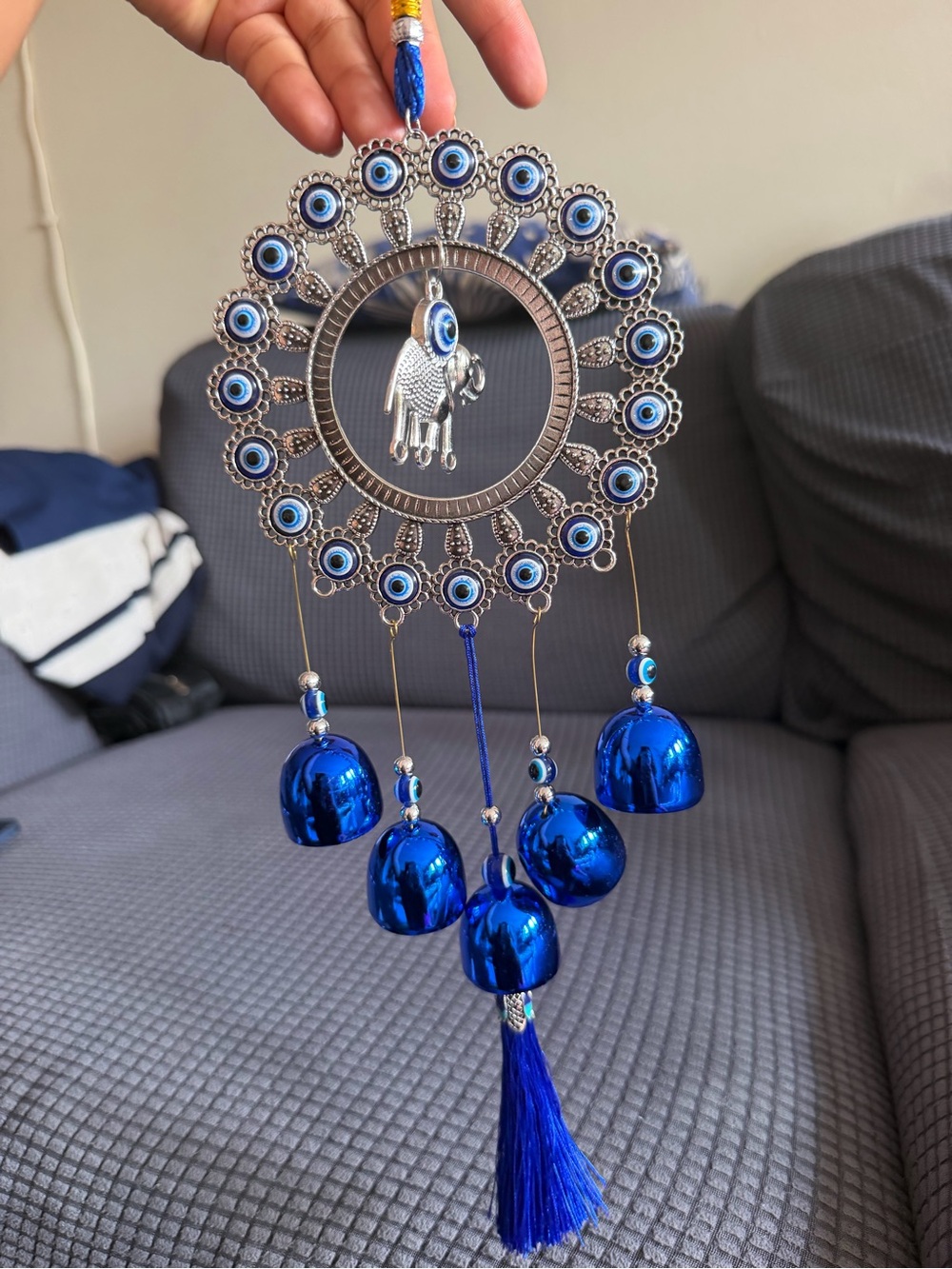 Blue Evil Eye Elephant Hanging Wall Decor with Bells
